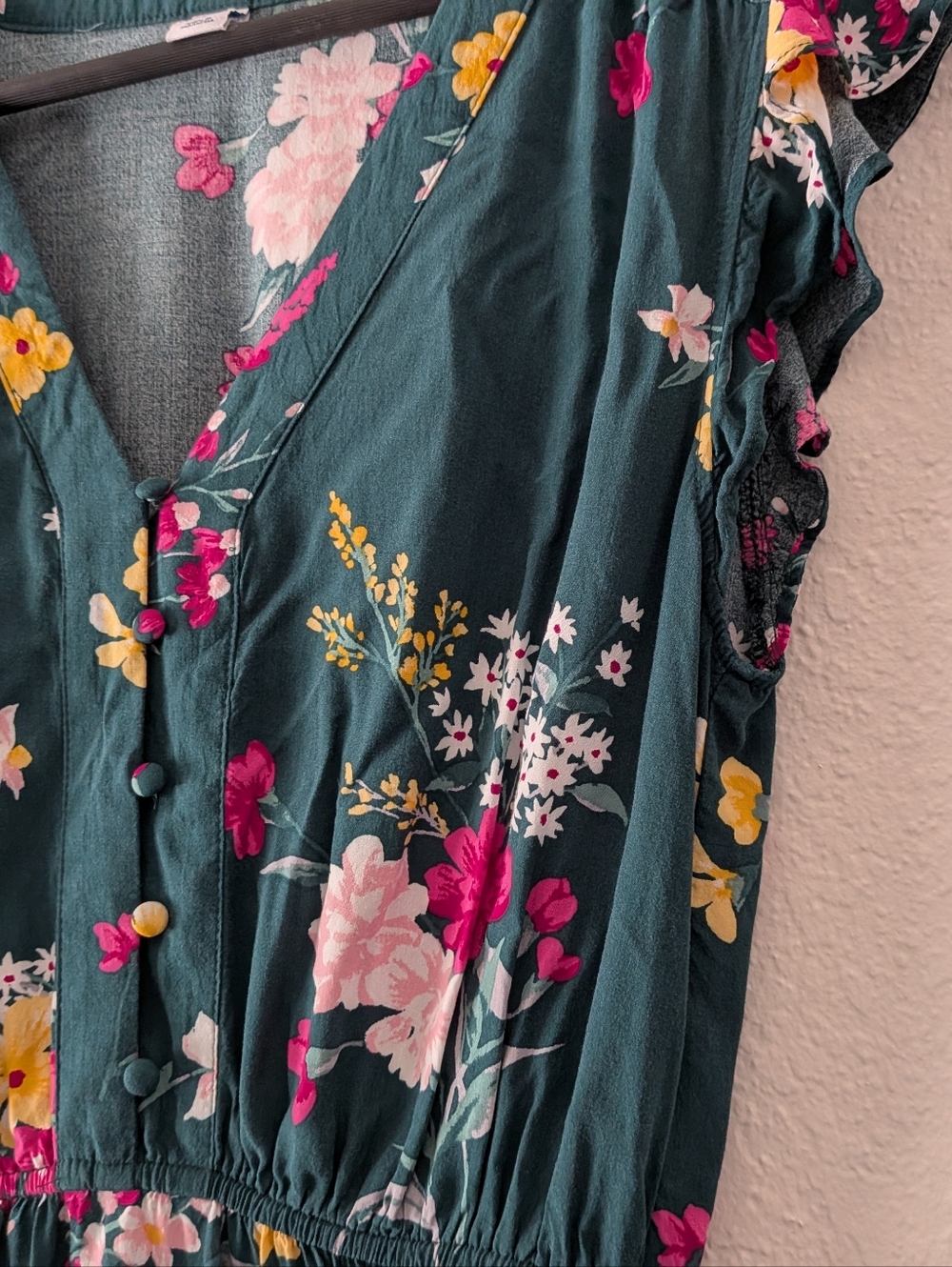 Old Navy Green Pink Floral Ruffle Sleeve Midi Dress Size Small - Picture 10 of 13
